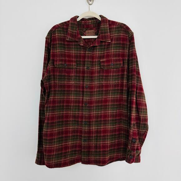 Orvis Mens L Cotton Red Green Plaid Long Sleeve Flannel Button Up Shirt Pockets - Picture 1 of 6